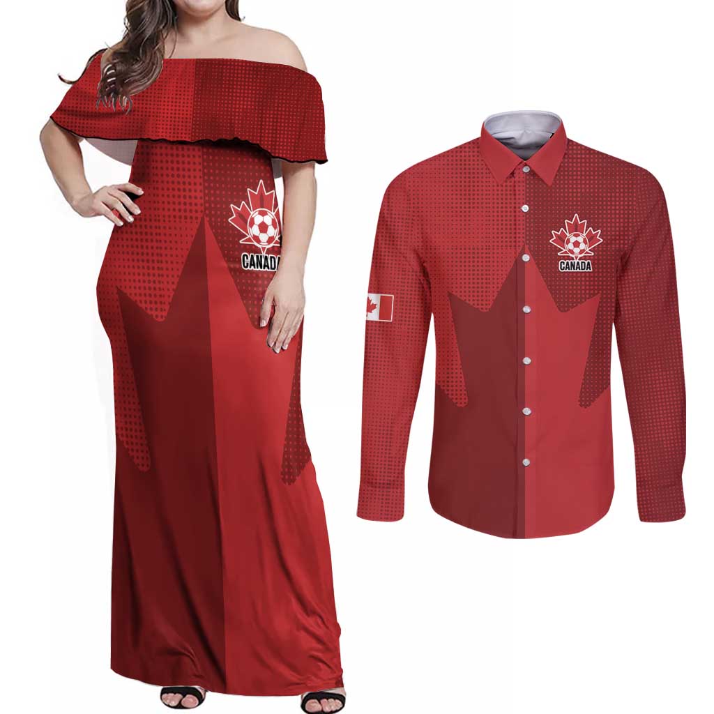 Canada Soccer Maple Leaf Custom Couples Matching Off Shoulder Maxi Dress and Long Sleeve Button Shirt Sporty Style - Wonder Print Shop
