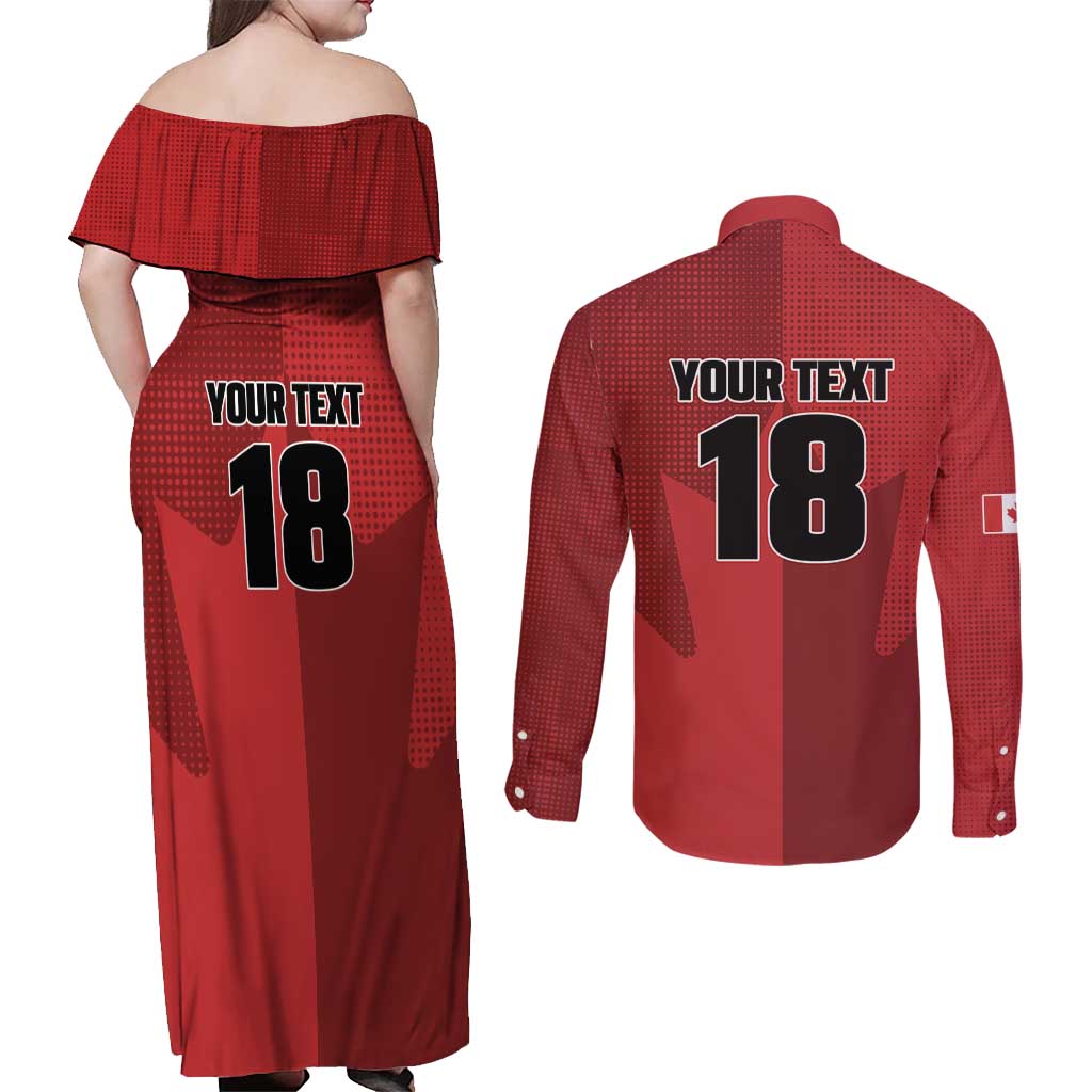 Canada Soccer Maple Leaf Custom Couples Matching Off Shoulder Maxi Dress and Long Sleeve Button Shirt Sporty Style - Wonder Print Shop