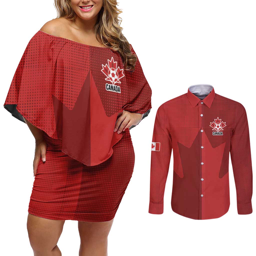 Canada Soccer Maple Leaf Custom Couples Matching Off Shoulder Short Dress and Long Sleeve Button Shirt Sporty Style - Wonder Print Shop