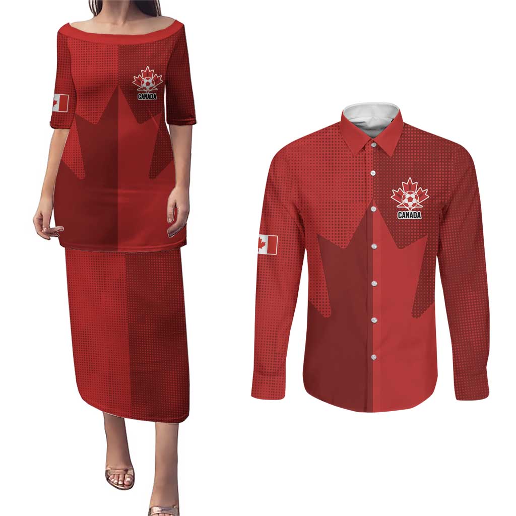 Canada Soccer Maple Leaf Custom Couples Matching Puletasi and Long Sleeve Button Shirt Sporty Style - Wonder Print Shop