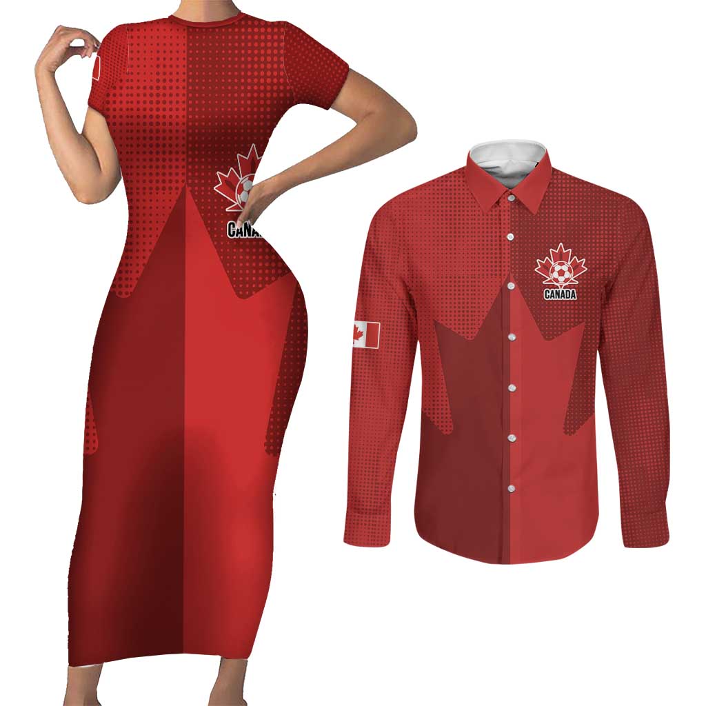 Canada Soccer Maple Leaf Custom Couples Matching Short Sleeve Bodycon Dress and Long Sleeve Button Shirt Sporty Style - Wonder Print Shop
