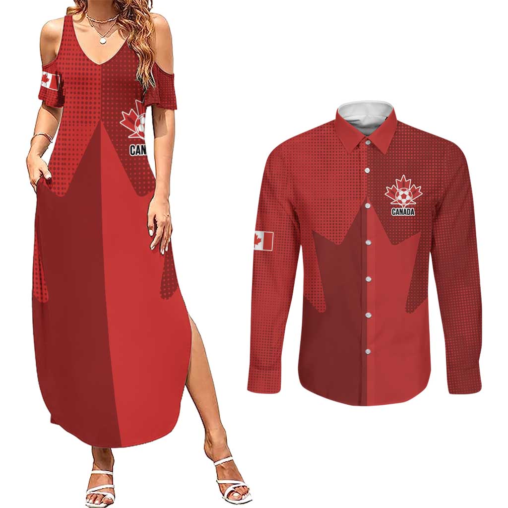 Canada Soccer Maple Leaf Custom Couples Matching Summer Maxi Dress and Long Sleeve Button Shirt Sporty Style - Wonder Print Shop