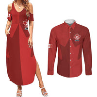 Canada Soccer Maple Leaf Custom Couples Matching Summer Maxi Dress and Long Sleeve Button Shirt Sporty Style - Wonder Print Shop