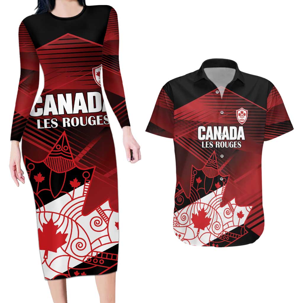 Custom Canada Soccer Couples Matching Long Sleeve Bodycon Dress and Hawaiian Shirt Les Rouges Maple Leaf - Wonder Print Shop