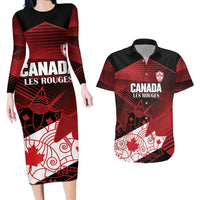 Custom Canada Soccer Couples Matching Long Sleeve Bodycon Dress and Hawaiian Shirt Les Rouges Maple Leaf - Wonder Print Shop