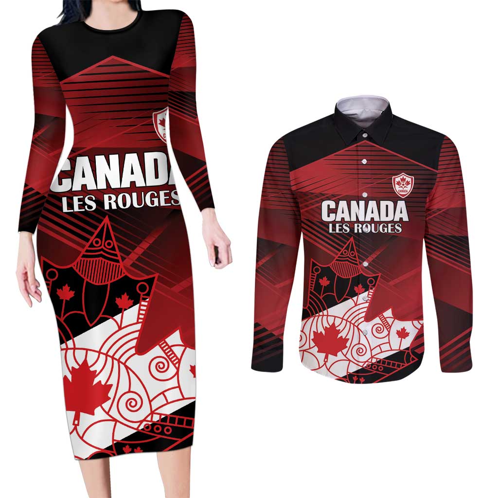 Custom Canada Soccer Couples Matching Long Sleeve Bodycon Dress and Long Sleeve Button Shirt Les Rouges Maple Leaf - Wonder Print Shop