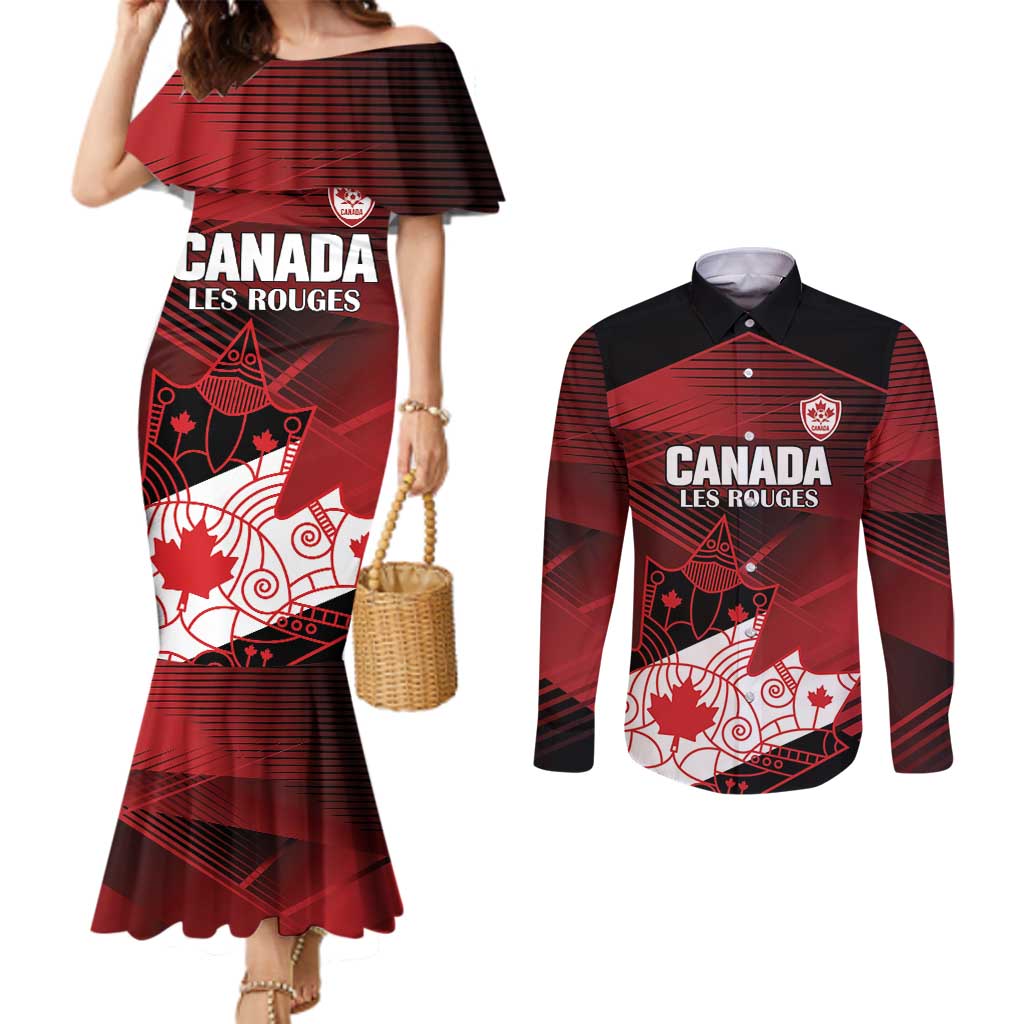 Custom Canada Soccer Couples Matching Mermaid Dress and Long Sleeve Button Shirt Les Rouges Maple Leaf - Wonder Print Shop