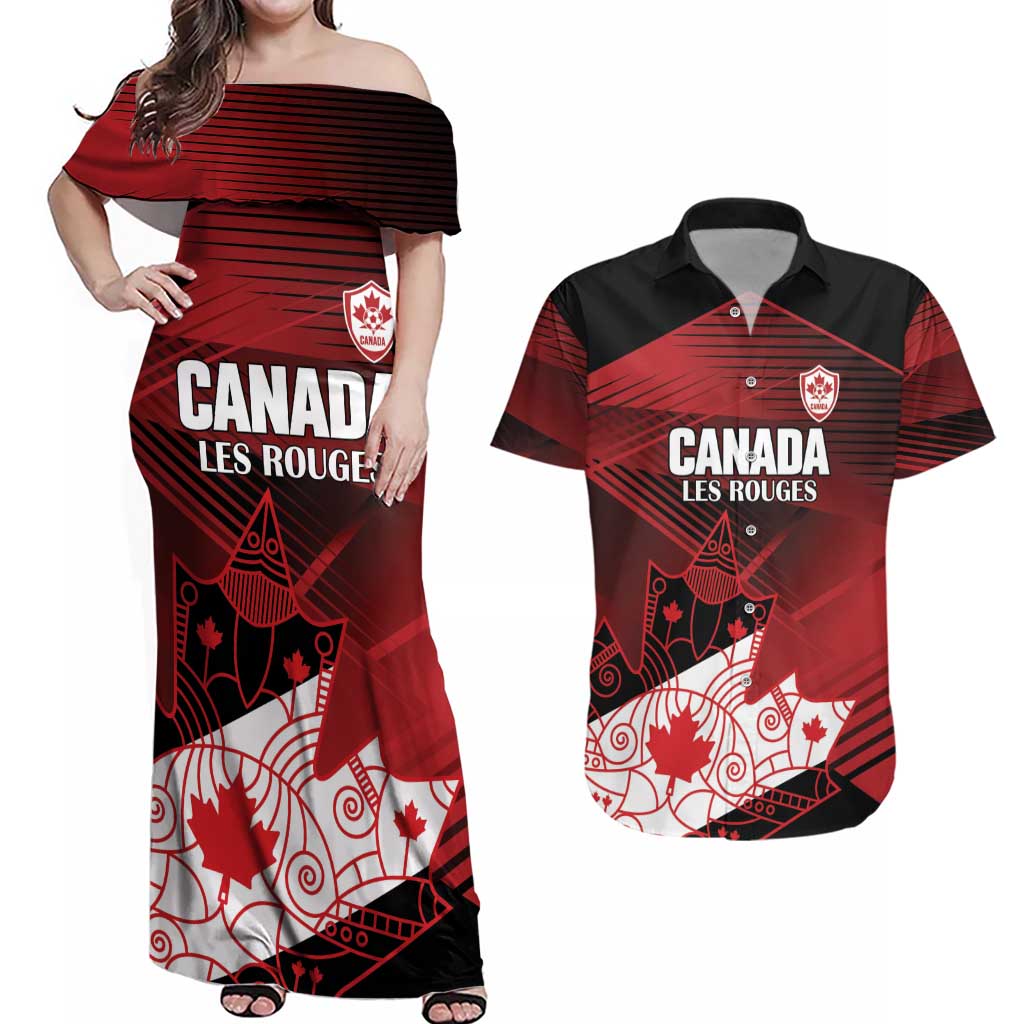 Custom Canada Soccer Couples Matching Off Shoulder Maxi Dress and Hawaiian Shirt Les Rouges Maple Leaf - Wonder Print Shop