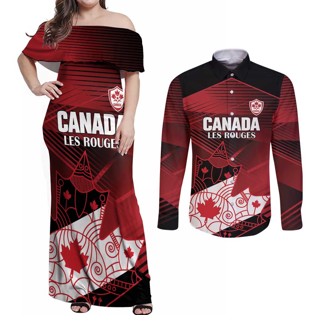 Custom Canada Soccer Couples Matching Off Shoulder Maxi Dress and Long Sleeve Button Shirt Les Rouges Maple Leaf - Wonder Print Shop