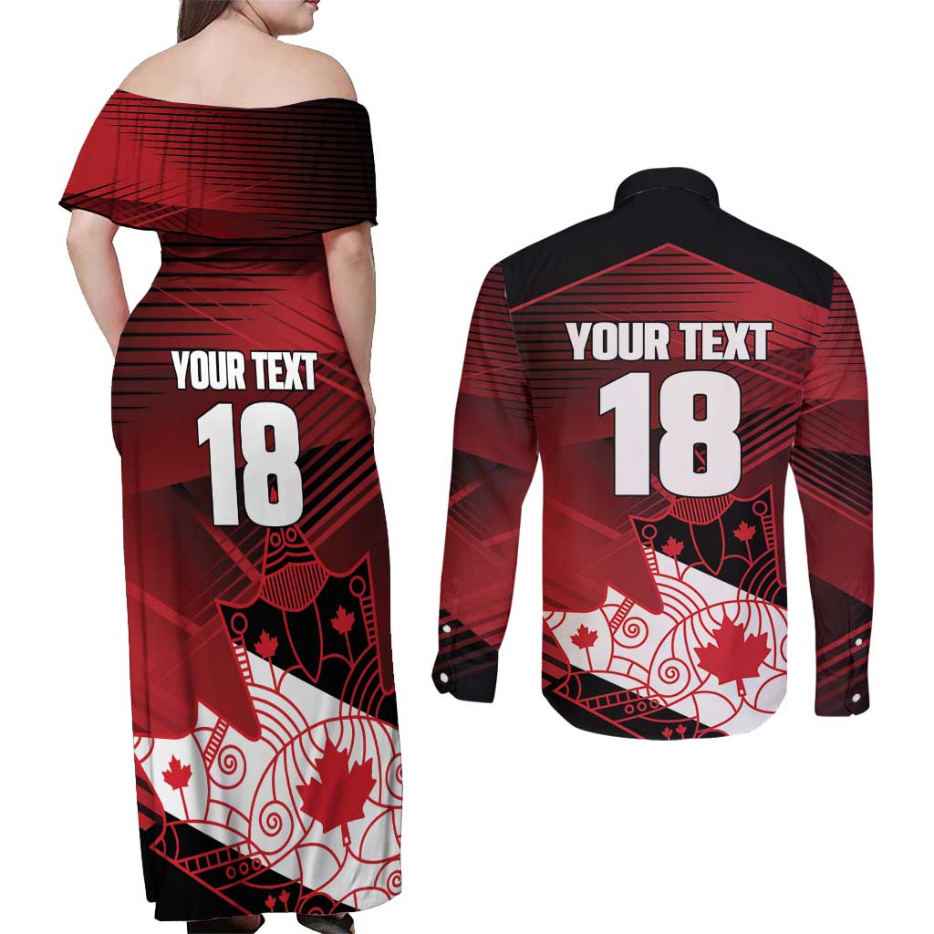 Custom Canada Soccer Couples Matching Off Shoulder Maxi Dress and Long Sleeve Button Shirt Les Rouges Maple Leaf - Wonder Print Shop
