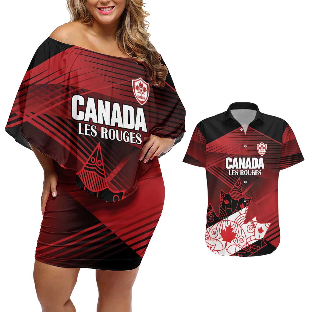 Custom Canada Soccer Couples Matching Off Shoulder Short Dress and Hawaiian Shirt Les Rouges Maple Leaf - Wonder Print Shop