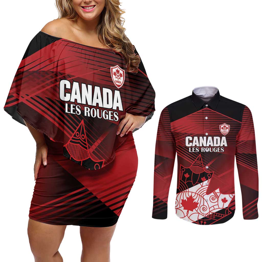 Custom Canada Soccer Couples Matching Off Shoulder Short Dress and Long Sleeve Button Shirt Les Rouges Maple Leaf - Wonder Print Shop