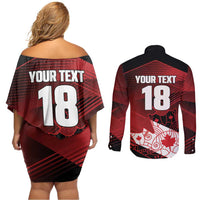 Custom Canada Soccer Couples Matching Off Shoulder Short Dress and Long Sleeve Button Shirt Les Rouges Maple Leaf - Wonder Print Shop
