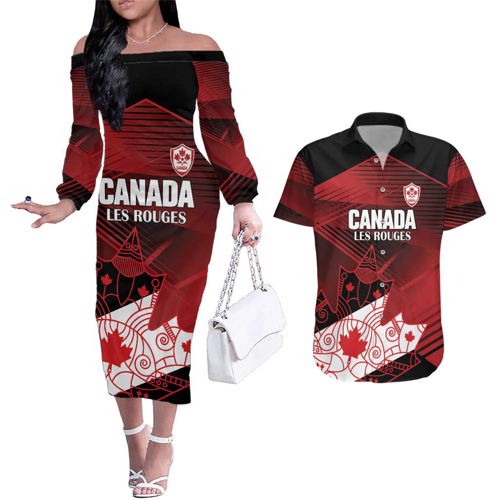 Custom Canada Soccer Couples Matching Off The Shoulder Long Sleeve Dress and Hawaiian Shirt Les Rouges Maple Leaf - Wonder Print Shop