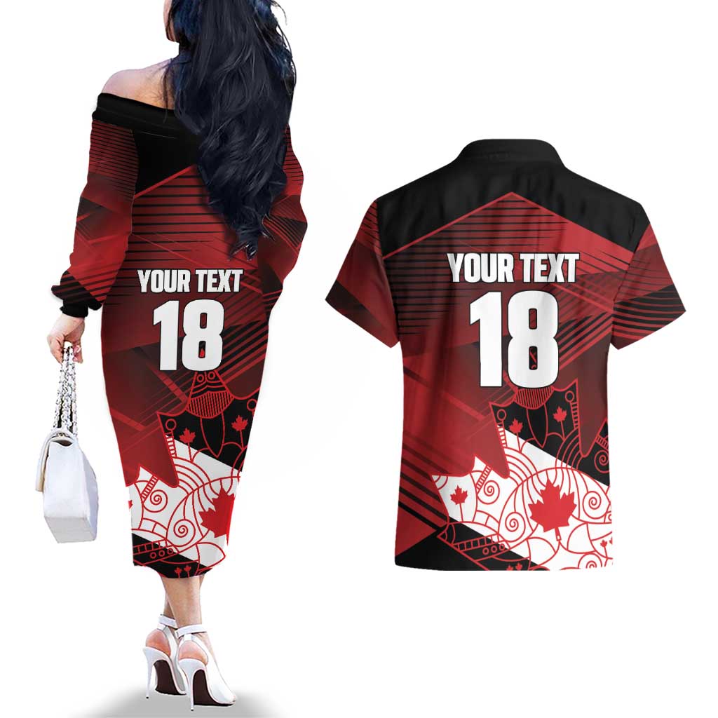 Custom Canada Soccer Couples Matching Off The Shoulder Long Sleeve Dress and Hawaiian Shirt Les Rouges Maple Leaf - Wonder Print Shop
