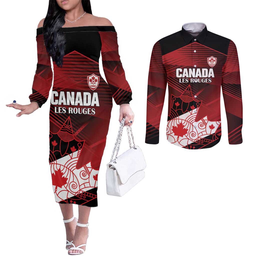Custom Canada Soccer Couples Matching Off The Shoulder Long Sleeve Dress and Long Sleeve Button Shirt Les Rouges Maple Leaf - Wonder Print Shop