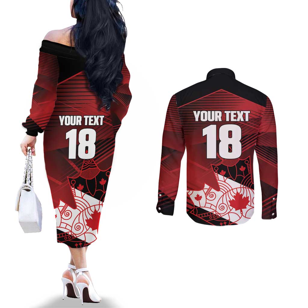 Custom Canada Soccer Couples Matching Off The Shoulder Long Sleeve Dress and Long Sleeve Button Shirt Les Rouges Maple Leaf - Wonder Print Shop