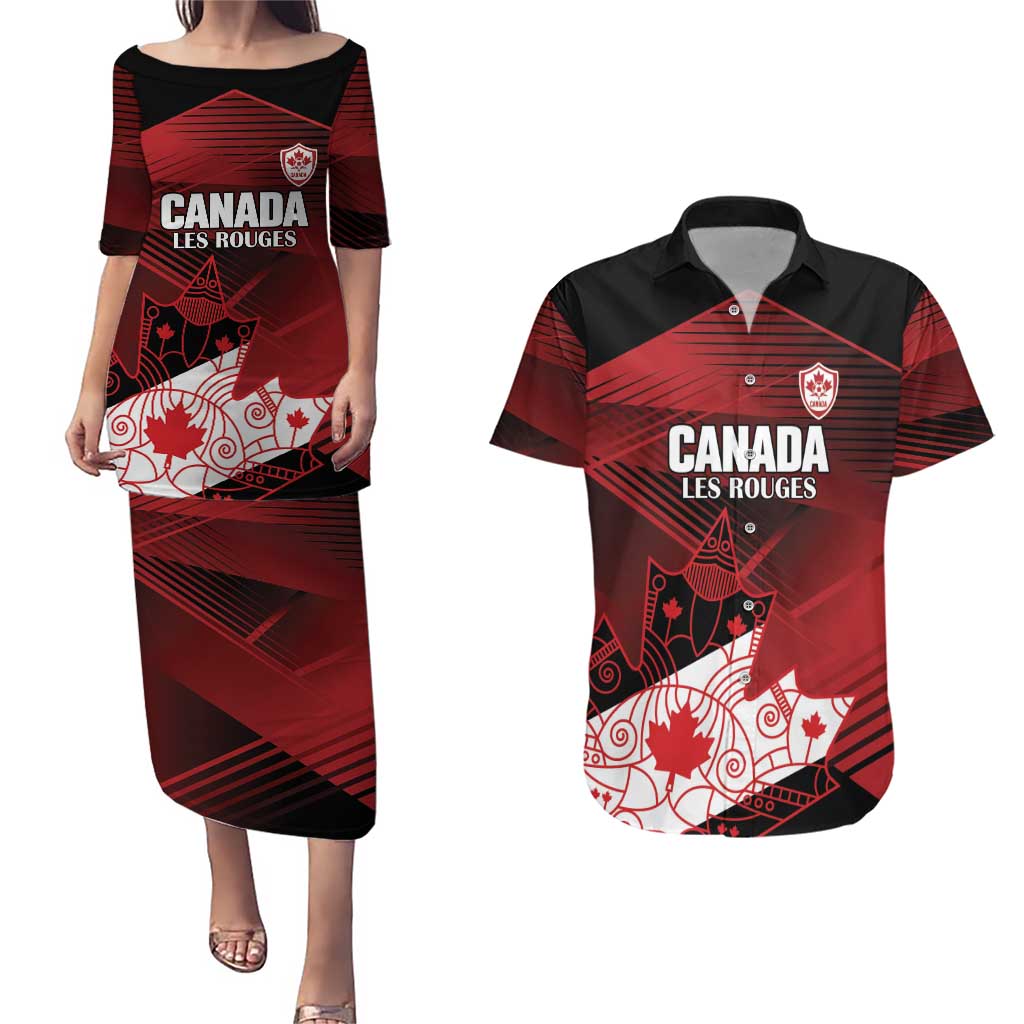 Custom Canada Soccer Couples Matching Puletasi and Hawaiian Shirt Les Rouges Maple Leaf - Wonder Print Shop