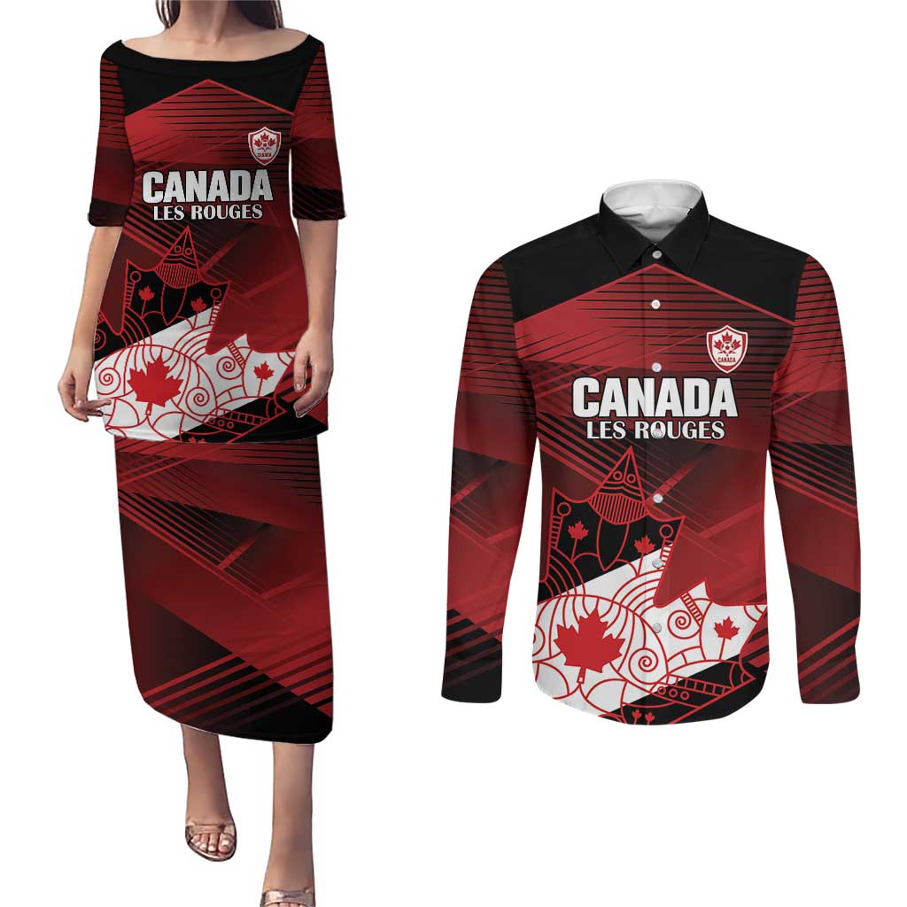 Custom Canada Soccer Couples Matching Puletasi and Long Sleeve Button Shirt Les Rouges Maple Leaf - Wonder Print Shop
