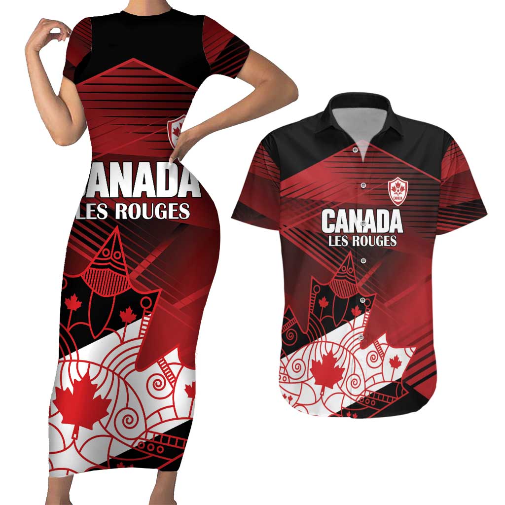 Custom Canada Soccer Couples Matching Short Sleeve Bodycon Dress and Hawaiian Shirt Les Rouges Maple Leaf - Wonder Print Shop