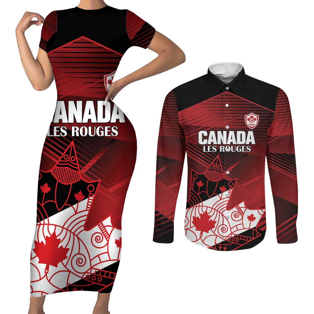 Custom Canada Soccer Couples Matching Short Sleeve Bodycon Dress and Long Sleeve Button Shirt Les Rouges Maple Leaf - Wonder Print Shop