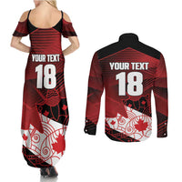 Custom Canada Soccer Couples Matching Summer Maxi Dress and Long Sleeve Button Shirt Les Rouges Maple Leaf - Wonder Print Shop