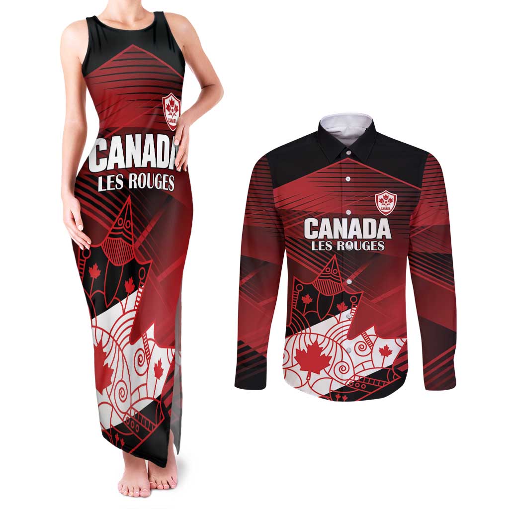 Custom Canada Soccer Couples Matching Tank Maxi Dress and Long Sleeve Button Shirt Les Rouges Maple Leaf - Wonder Print Shop