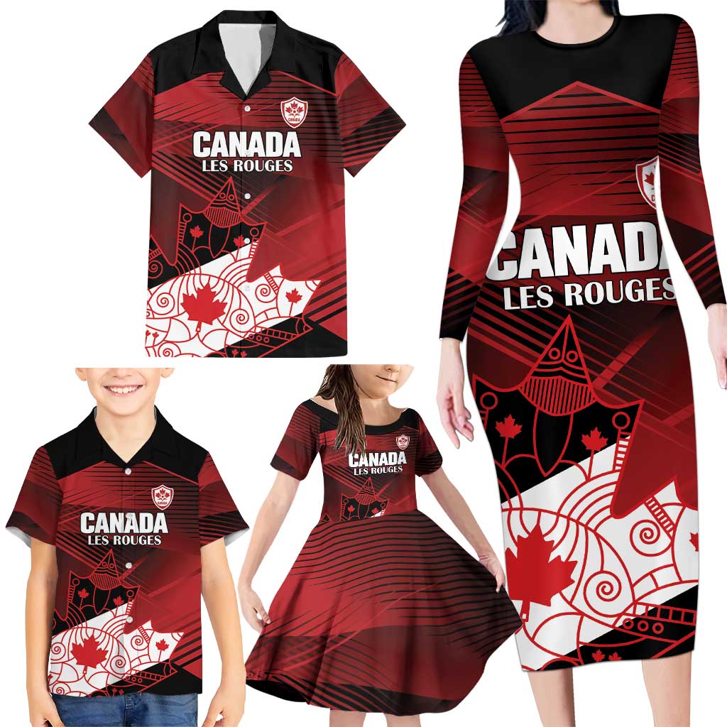 Custom Canada Soccer Family Matching Long Sleeve Bodycon Dress and Hawaiian Shirt Les Rouges Maple Leaf - Wonder Print Shop