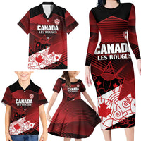 Custom Canada Soccer Family Matching Long Sleeve Bodycon Dress and Hawaiian Shirt Les Rouges Maple Leaf - Wonder Print Shop