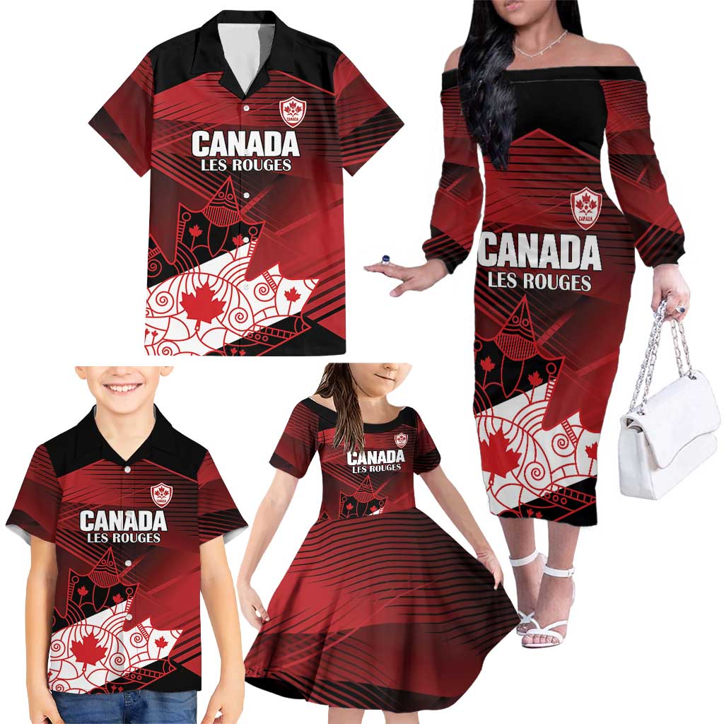 Custom Canada Soccer Family Matching Off The Shoulder Long Sleeve Dress and Hawaiian Shirt Les Rouges Maple Leaf - Wonder Print Shop