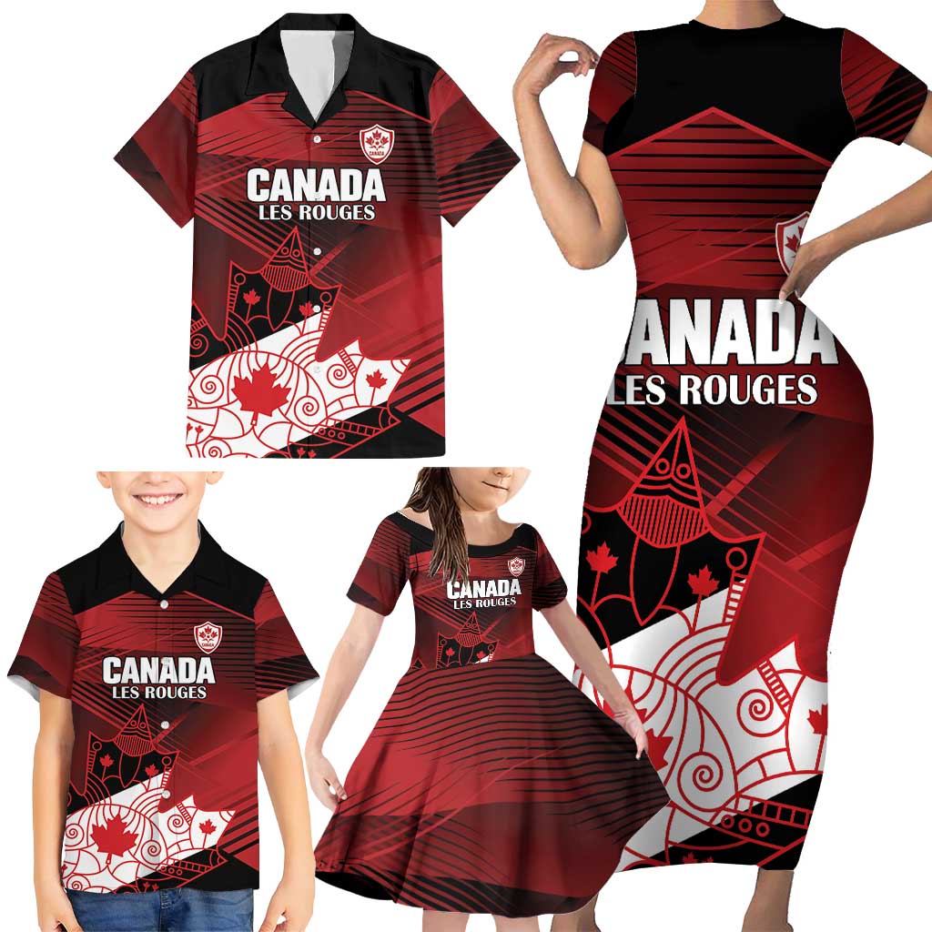 Custom Canada Soccer Family Matching Short Sleeve Bodycon Dress and Hawaiian Shirt Les Rouges Maple Leaf - Wonder Print Shop