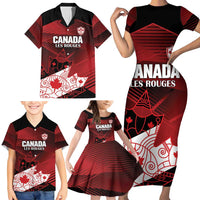 Custom Canada Soccer Family Matching Short Sleeve Bodycon Dress and Hawaiian Shirt Les Rouges Maple Leaf - Wonder Print Shop