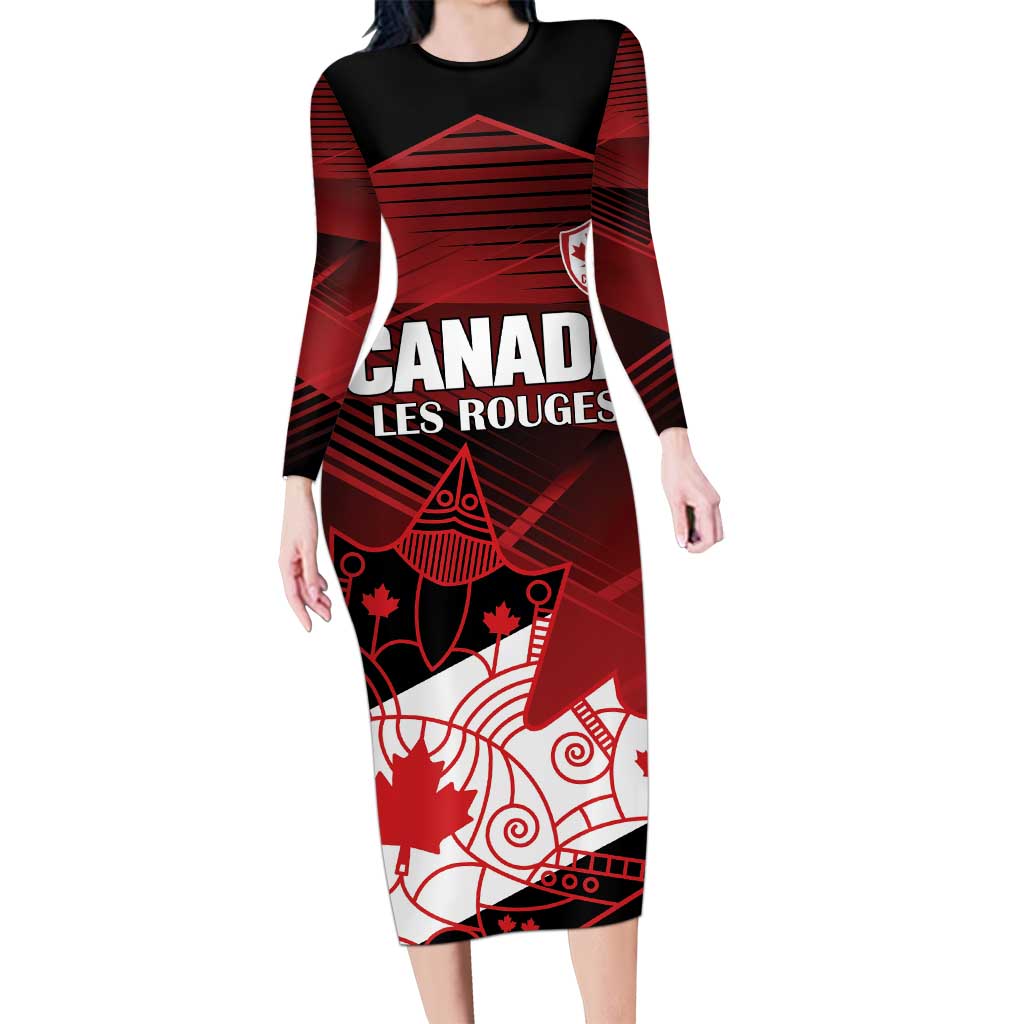 Custom Canada Soccer Long Sleeve Bodycon Dress Les Rouges Maple Leaf - Wonder Print Shop