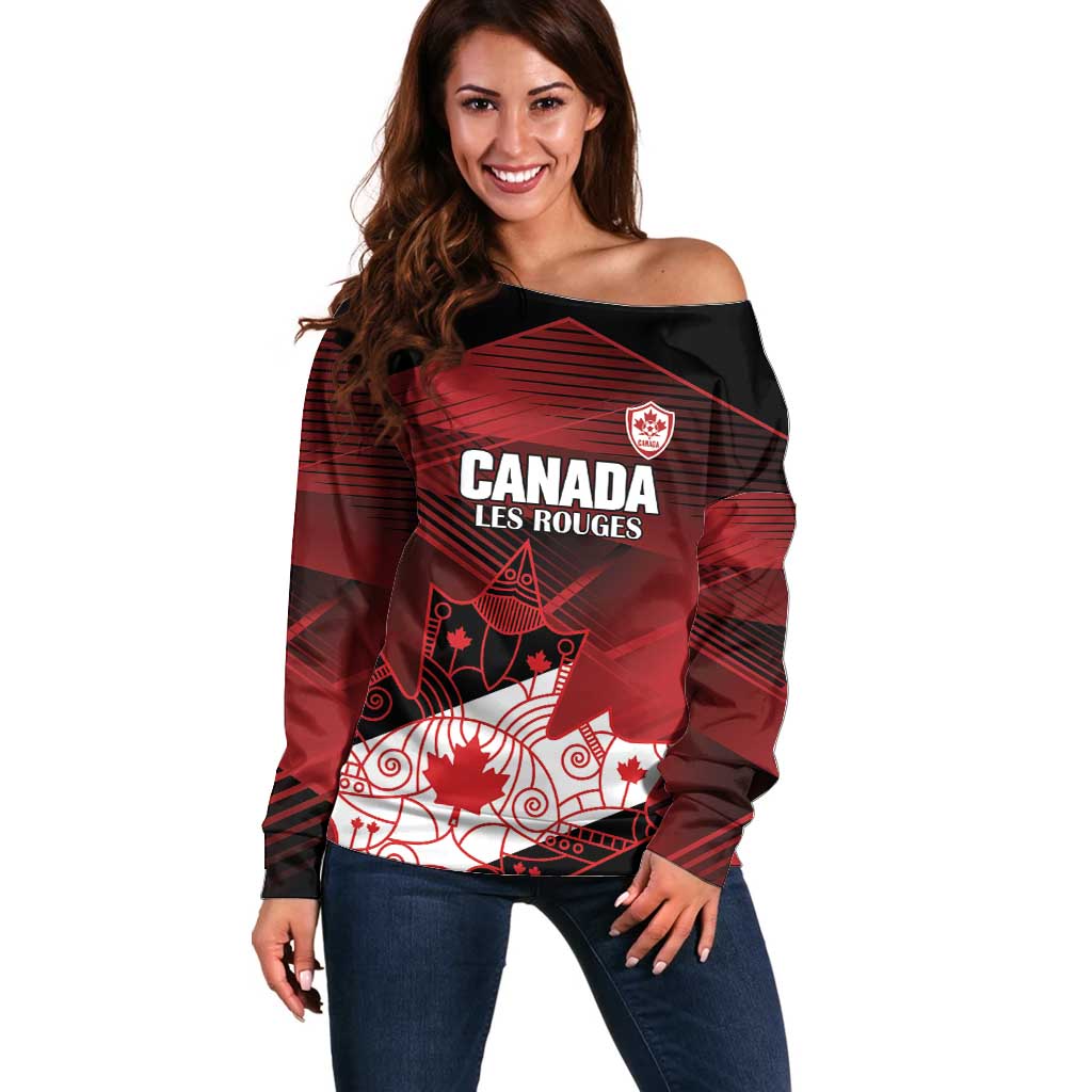 Custom Canada Soccer Off Shoulder Sweater Les Rouges Maple Leaf - Wonder Print Shop
