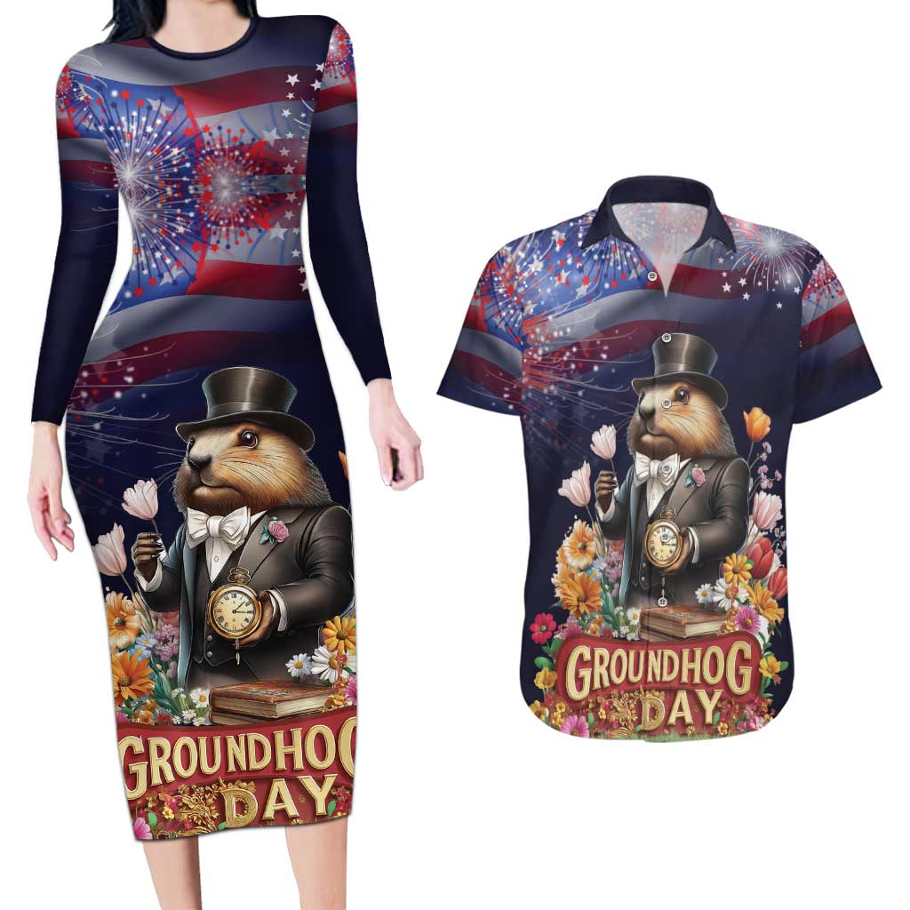 Groundhog Day Gentleman Couples Matching Long Sleeve Bodycon Dress and Hawaiian Shirt Same Day Again - Wonder Print Shop