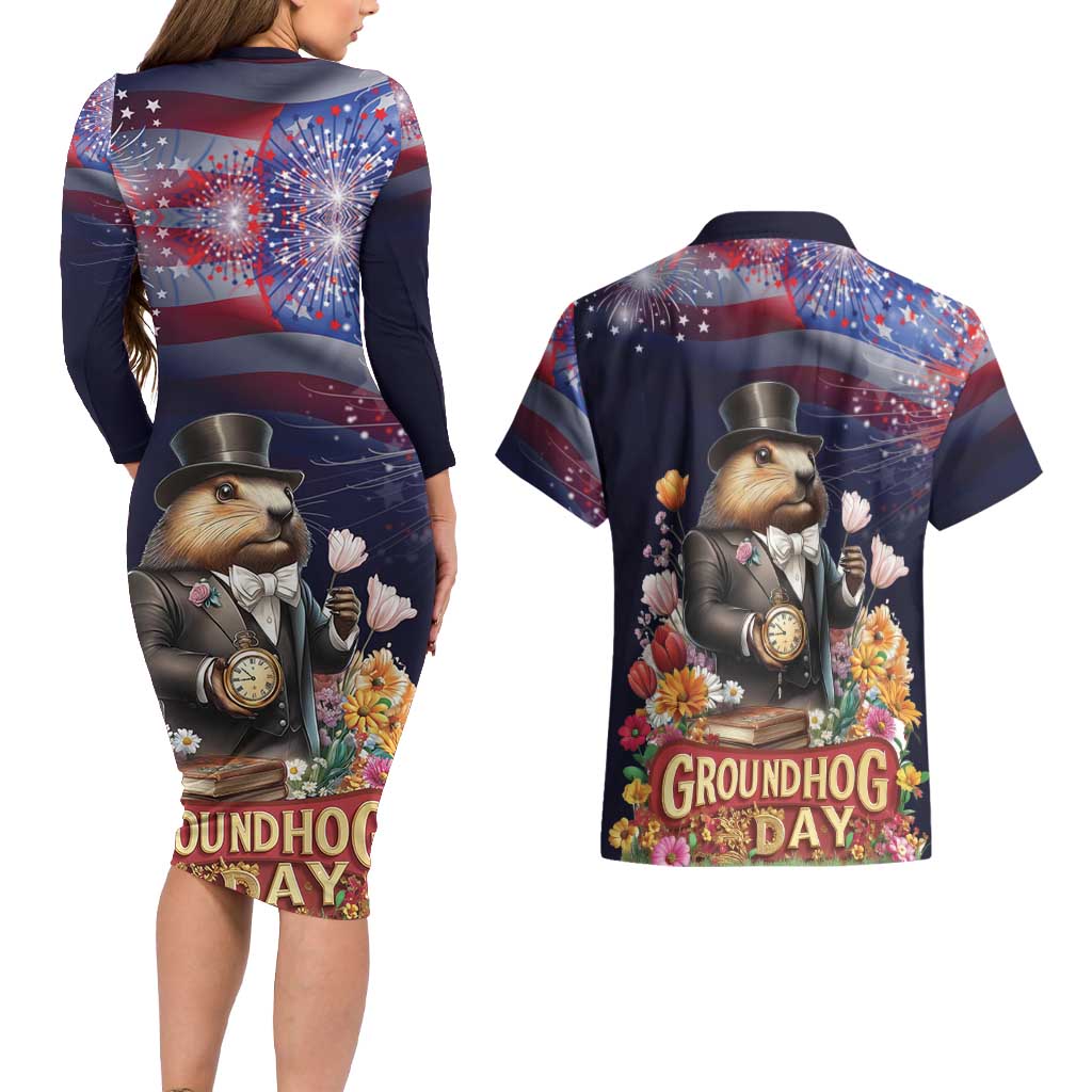 Groundhog Day Gentleman Couples Matching Long Sleeve Bodycon Dress and Hawaiian Shirt Same Day Again - Wonder Print Shop