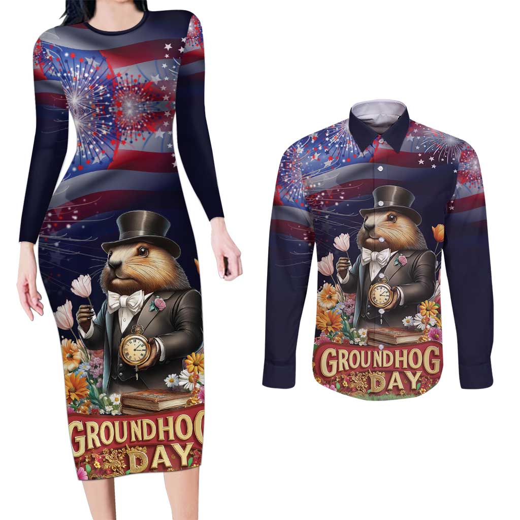 Groundhog Day Gentleman Couples Matching Long Sleeve Bodycon Dress and Long Sleeve Button Shirt Same Day Again - Wonder Print Shop