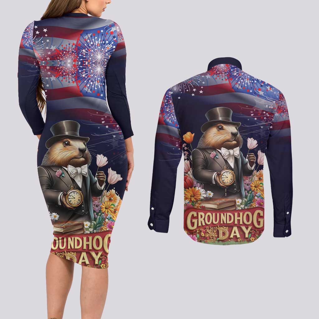 Groundhog Day Gentleman Couples Matching Long Sleeve Bodycon Dress and Long Sleeve Button Shirt Same Day Again - Wonder Print Shop