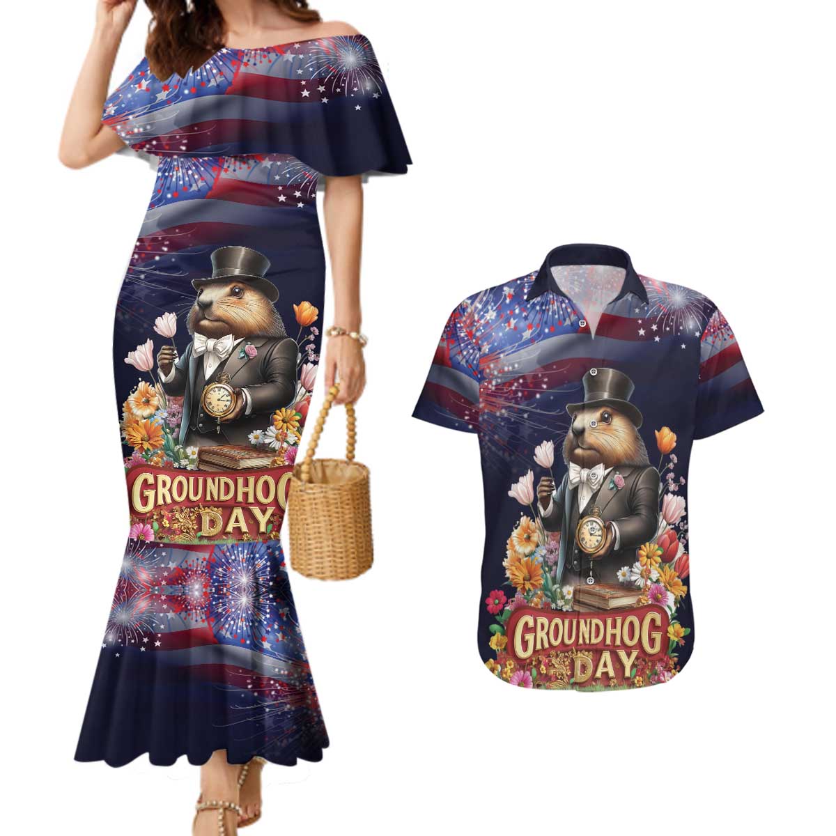 Groundhog Day Gentleman Couples Matching Mermaid Dress and Hawaiian Shirt Same Day Again - Wonder Print Shop