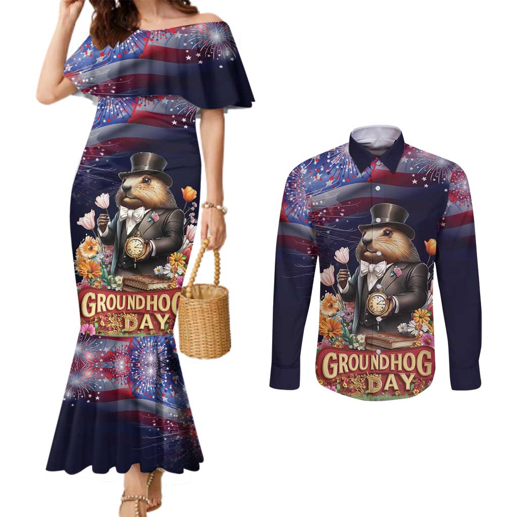 Groundhog Day Gentleman Couples Matching Mermaid Dress and Long Sleeve Button Shirt Same Day Again - Wonder Print Shop