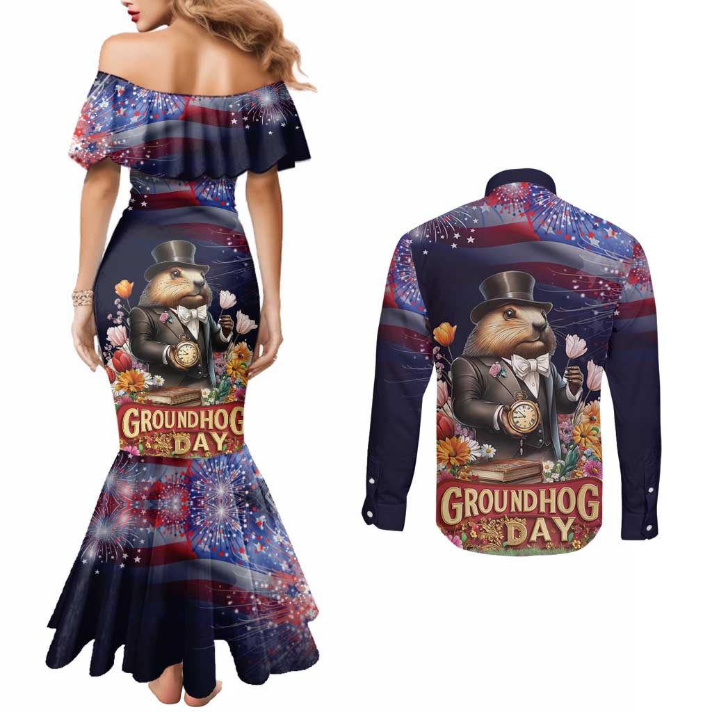 Groundhog Day Gentleman Couples Matching Mermaid Dress and Long Sleeve Button Shirt Same Day Again - Wonder Print Shop