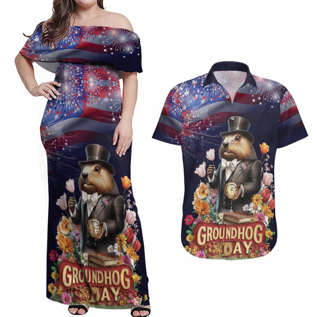 Groundhog Day Gentleman Couples Matching Off Shoulder Maxi Dress and Hawaiian Shirt Same Day Again - Wonder Print Shop