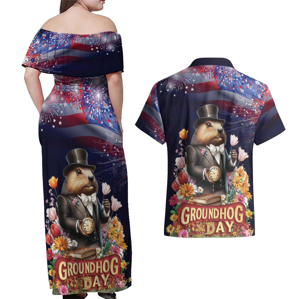 Groundhog Day Gentleman Couples Matching Off Shoulder Maxi Dress and Hawaiian Shirt Same Day Again - Wonder Print Shop