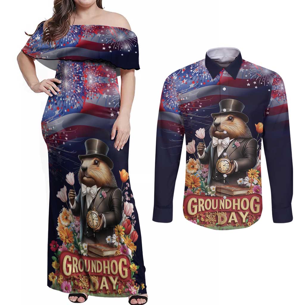 Groundhog Day Gentleman Couples Matching Off Shoulder Maxi Dress and Long Sleeve Button Shirt Same Day Again - Wonder Print Shop