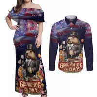 Groundhog Day Gentleman Couples Matching Off Shoulder Maxi Dress and Long Sleeve Button Shirt Same Day Again - Wonder Print Shop