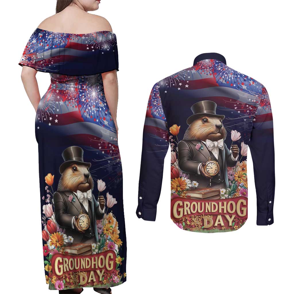Groundhog Day Gentleman Couples Matching Off Shoulder Maxi Dress and Long Sleeve Button Shirt Same Day Again - Wonder Print Shop