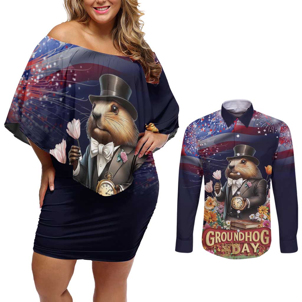 Groundhog Day Gentleman Couples Matching Off Shoulder Short Dress and Long Sleeve Button Shirt Same Day Again - Wonder Print Shop