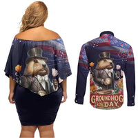 Groundhog Day Gentleman Couples Matching Off Shoulder Short Dress and Long Sleeve Button Shirt Same Day Again - Wonder Print Shop