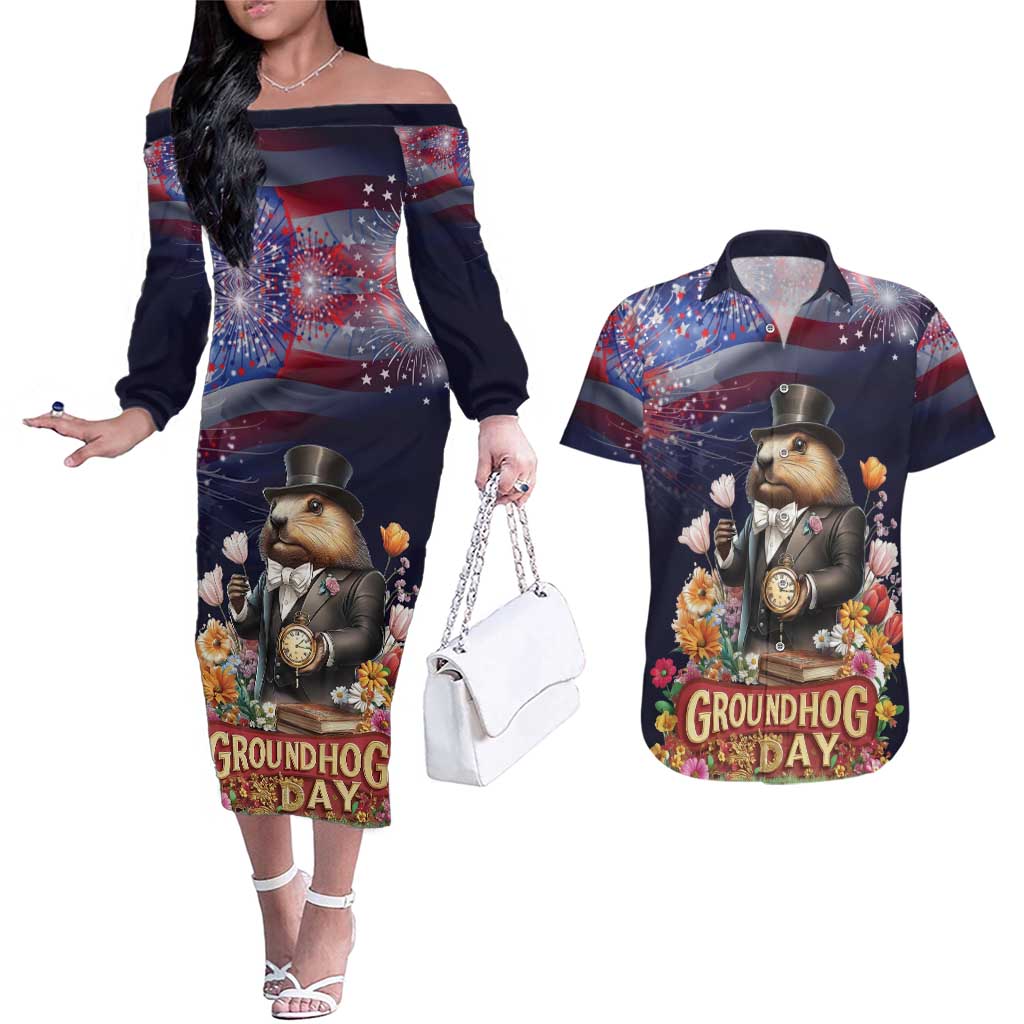 Groundhog Day Gentleman Couples Matching Off The Shoulder Long Sleeve Dress and Hawaiian Shirt Same Day Again - Wonder Print Shop