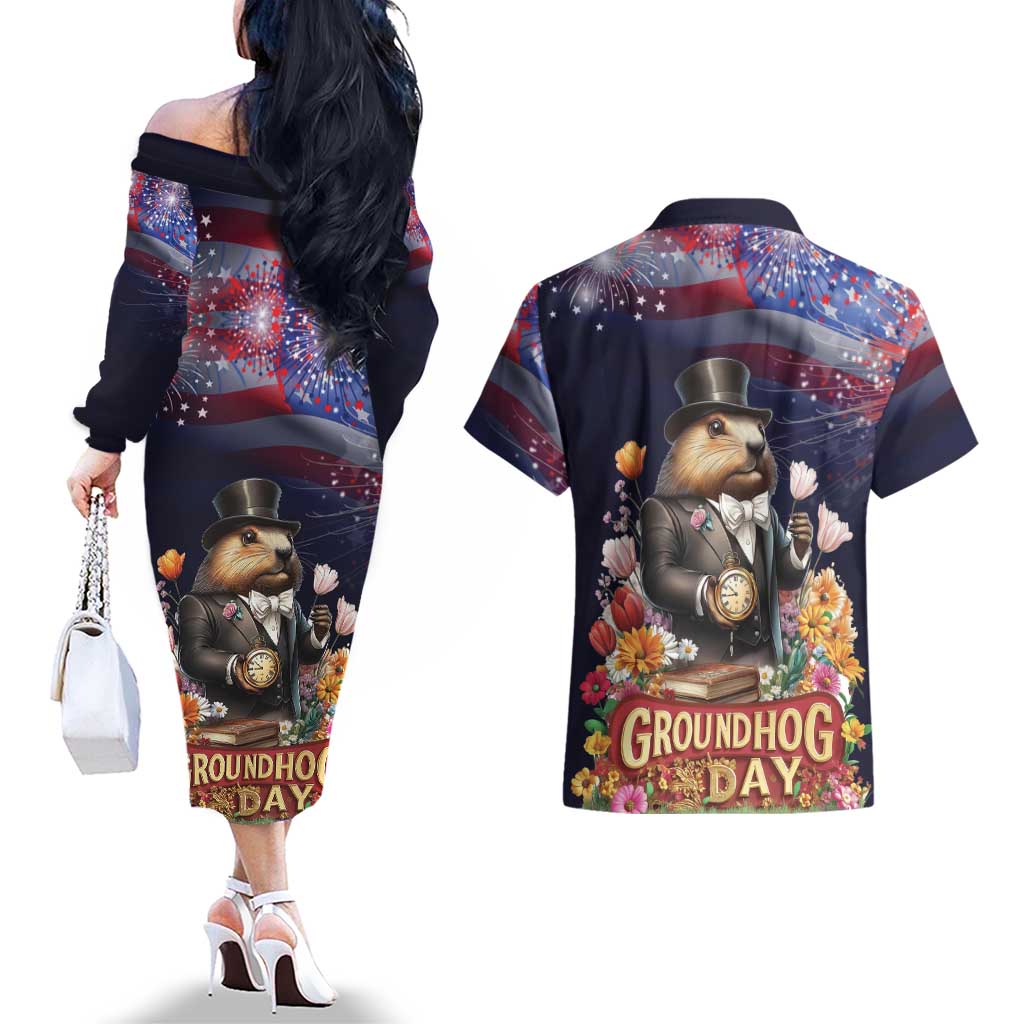 Groundhog Day Gentleman Couples Matching Off The Shoulder Long Sleeve Dress and Hawaiian Shirt Same Day Again - Wonder Print Shop